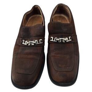 Pilgrim Shoes Mens Size 9.5 Brown Leather Loafers Metal Bit Square Toe Work